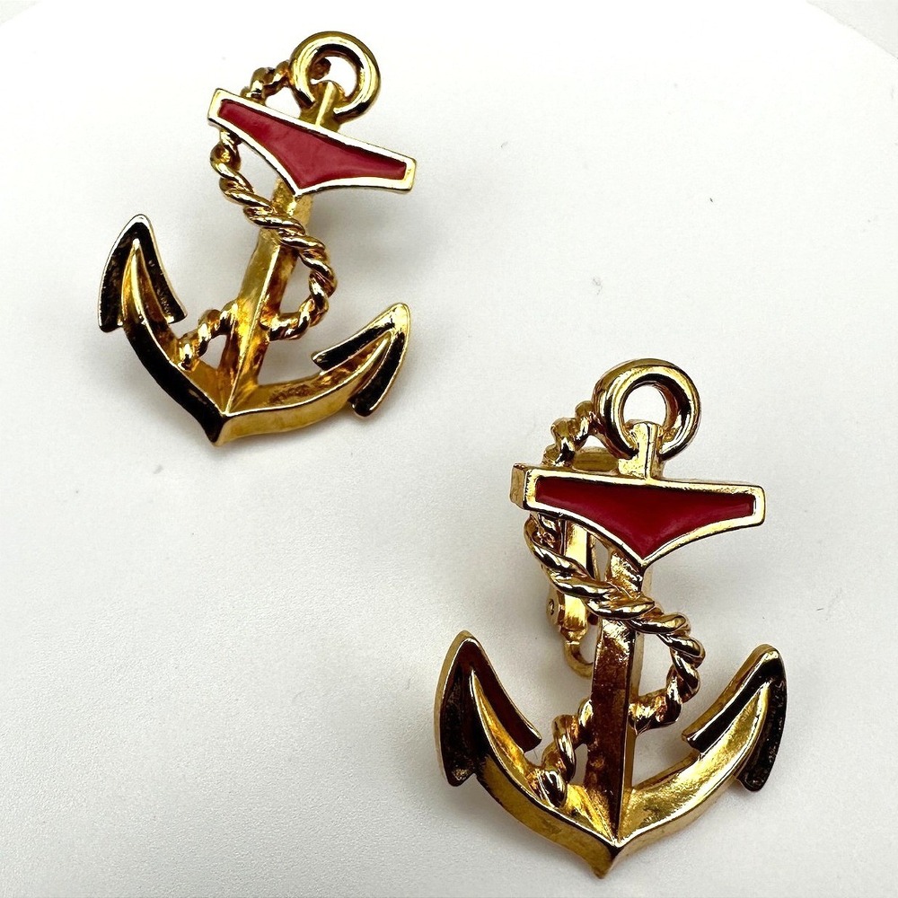 Vintage Gold Tone Red Enamel Anchor Clip On Earrings Rope Nautical Sailor Retro